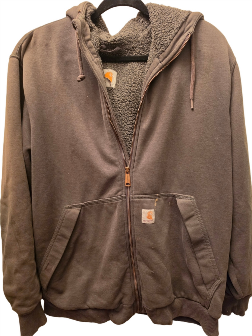 Carhartt L Distressed Faded Full Zip Sherpa Lined Workwear Hoodie Brown